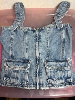 Zara Light Blue Washed Denim Top with Contrast Stitching